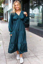 Load image into Gallery viewer, Elegant Elastic V Neck Tiered Satin Maxi Dress in Hunter Green
