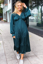 Load image into Gallery viewer, Elegant Elastic V Neck Tiered Satin Maxi Dress in Hunter Green
