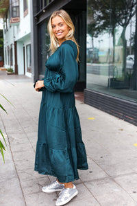 Elegant Elastic V Neck Tiered Satin Maxi Dress in Hunter Green