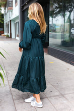 Load image into Gallery viewer, Elegant Elastic V Neck Tiered Satin Maxi Dress in Hunter Green
