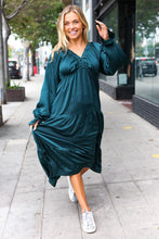 Load image into Gallery viewer, Elegant Elastic V Neck Tiered Satin Maxi Dress in Hunter Green
