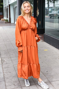 Elegant Elastic V Neck Tiered Satin Maxi Dress in Rust