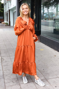 Elegant Elastic V Neck Tiered Satin Maxi Dress in Rust