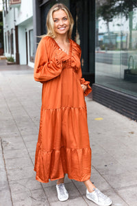 Elegant Elastic V Neck Tiered Satin Maxi Dress in Rust