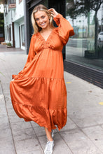 Load image into Gallery viewer, Elegant Elastic V Neck Tiered Satin Maxi Dress in Rust
