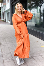 Load image into Gallery viewer, Elegant Elastic V Neck Tiered Satin Maxi Dress in Rust
