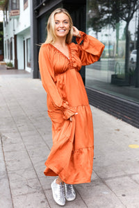 Elegant Elastic V Neck Tiered Satin Maxi Dress in Rust