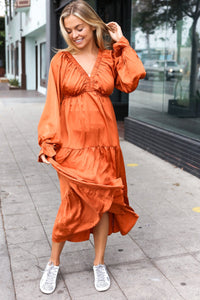 Elegant Elastic V Neck Tiered Satin Maxi Dress in Rust