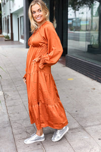 Elegant Elastic V Neck Tiered Satin Maxi Dress in Rust