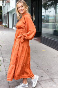 Elegant Elastic V Neck Tiered Satin Maxi Dress in Rust