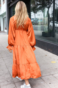 Elegant Elastic V Neck Tiered Satin Maxi Dress in Rust