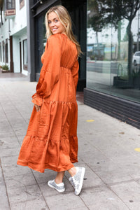 Elegant Elastic V Neck Tiered Satin Maxi Dress in Rust