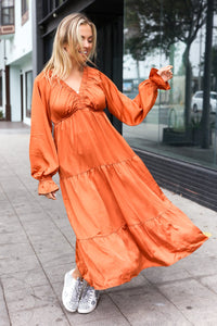 Elegant Elastic V Neck Tiered Satin Maxi Dress in Rust