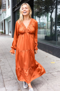 Elegant Elastic V Neck Tiered Satin Maxi Dress in Rust