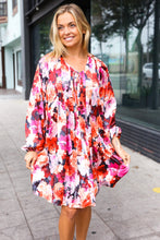 Load image into Gallery viewer, Diva Dreams Coral &amp; Charcoal Floral Tie Neck Pintuck Satin Dress
