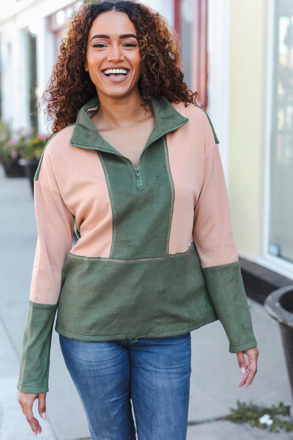 Winter Vibes Fleece Zip Up Cinched Hem Pullover in Taupe/Green