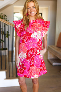 True Love Pink & Red Floral Smocked Ruffle Sleeve Dress