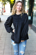 Load image into Gallery viewer, Be Your Best Satin Shirred Yoke Frilled Mock Neck Top in Black
