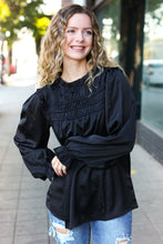 Load image into Gallery viewer, Be Your Best Satin Shirred Yoke Frilled Mock Neck Top in Black
