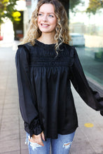 Load image into Gallery viewer, Be Your Best Satin Shirred Yoke Frilled Mock Neck Top in Black
