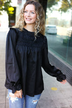 Load image into Gallery viewer, Be Your Best Satin Shirred Yoke Frilled Mock Neck Top in Black
