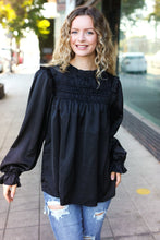 Load image into Gallery viewer, Be Your Best Satin Shirred Yoke Frilled Mock Neck Top in Black
