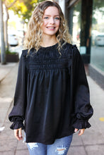 Load image into Gallery viewer, Be Your Best Satin Shirred Yoke Frilled Mock Neck Top in Black
