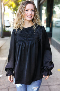 Be Your Best Satin Shirred Yoke Frilled Mock Neck Top in Black