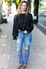 Load image into Gallery viewer, Be Your Best Satin Shirred Yoke Frilled Mock Neck Top in Black
