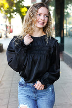 Load image into Gallery viewer, Be Your Best Satin Shirred Yoke Frilled Mock Neck Top in Black
