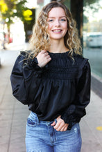 Load image into Gallery viewer, Be Your Best Satin Shirred Yoke Frilled Mock Neck Top in Black
