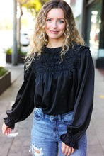 Load image into Gallery viewer, Be Your Best Satin Shirred Yoke Frilled Mock Neck Top in Black
