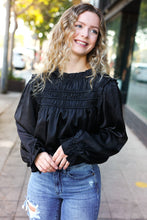 Load image into Gallery viewer, Be Your Best Satin Shirred Yoke Frilled Mock Neck Top in Black
