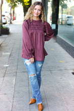 Load image into Gallery viewer, Be Your Best Satin Shirred Yoke Frilled Mock Neck Top in Wine
