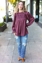 Load image into Gallery viewer, Be Your Best Satin Shirred Yoke Frilled Mock Neck Top in Wine
