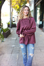 Load image into Gallery viewer, Be Your Best Satin Shirred Yoke Frilled Mock Neck Top in Wine
