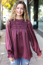 Load image into Gallery viewer, Be Your Best Satin Shirred Yoke Frilled Mock Neck Top in Wine
