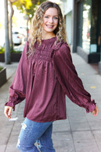 Load image into Gallery viewer, Be Your Best Satin Shirred Yoke Frilled Mock Neck Top in Wine
