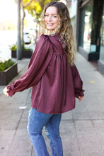 Load image into Gallery viewer, Be Your Best Satin Shirred Yoke Frilled Mock Neck Top in Wine
