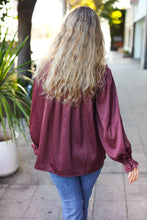 Load image into Gallery viewer, Be Your Best Satin Shirred Yoke Frilled Mock Neck Top in Wine
