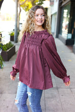 Load image into Gallery viewer, Be Your Best Satin Shirred Yoke Frilled Mock Neck Top in Wine
