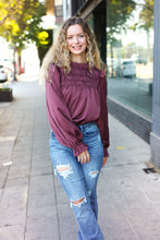 Load image into Gallery viewer, Be Your Best Satin Shirred Yoke Frilled Mock Neck Top in Wine
