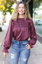 Load image into Gallery viewer, Be Your Best Satin Shirred Yoke Frilled Mock Neck Top in Wine
