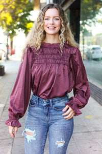 Be Your Best Satin Shirred Yoke Frilled Mock Neck Top in Wine