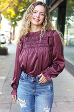 Load image into Gallery viewer, Be Your Best Satin Shirred Yoke Frilled Mock Neck Top in Wine
