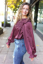 Load image into Gallery viewer, Be Your Best Satin Shirred Yoke Frilled Mock Neck Top in Wine
