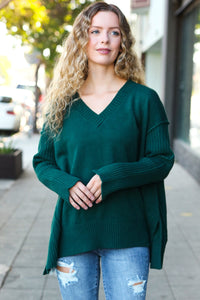 Casual Chic Oversized V Neck Rib Knit Sweater in Hunter Green