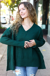 Casual Chic Oversized V Neck Rib Knit Sweater in Hunter Green