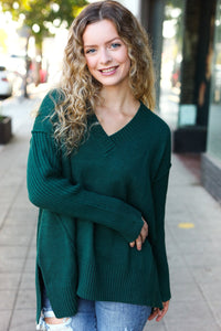 Casual Chic Oversized V Neck Rib Knit Sweater in Hunter Green