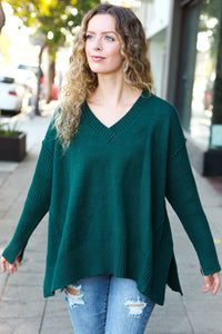 Casual Chic Oversized V Neck Rib Knit Sweater in Hunter Green